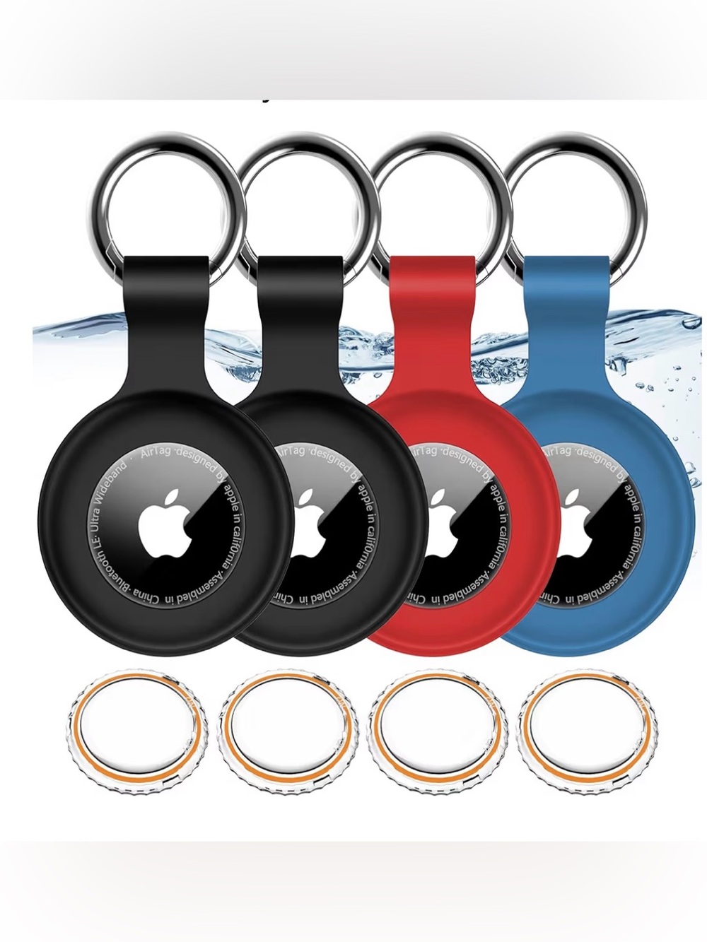 4pcs Silicone AirTag Keyring Holder - Black, Black, Red, Blue